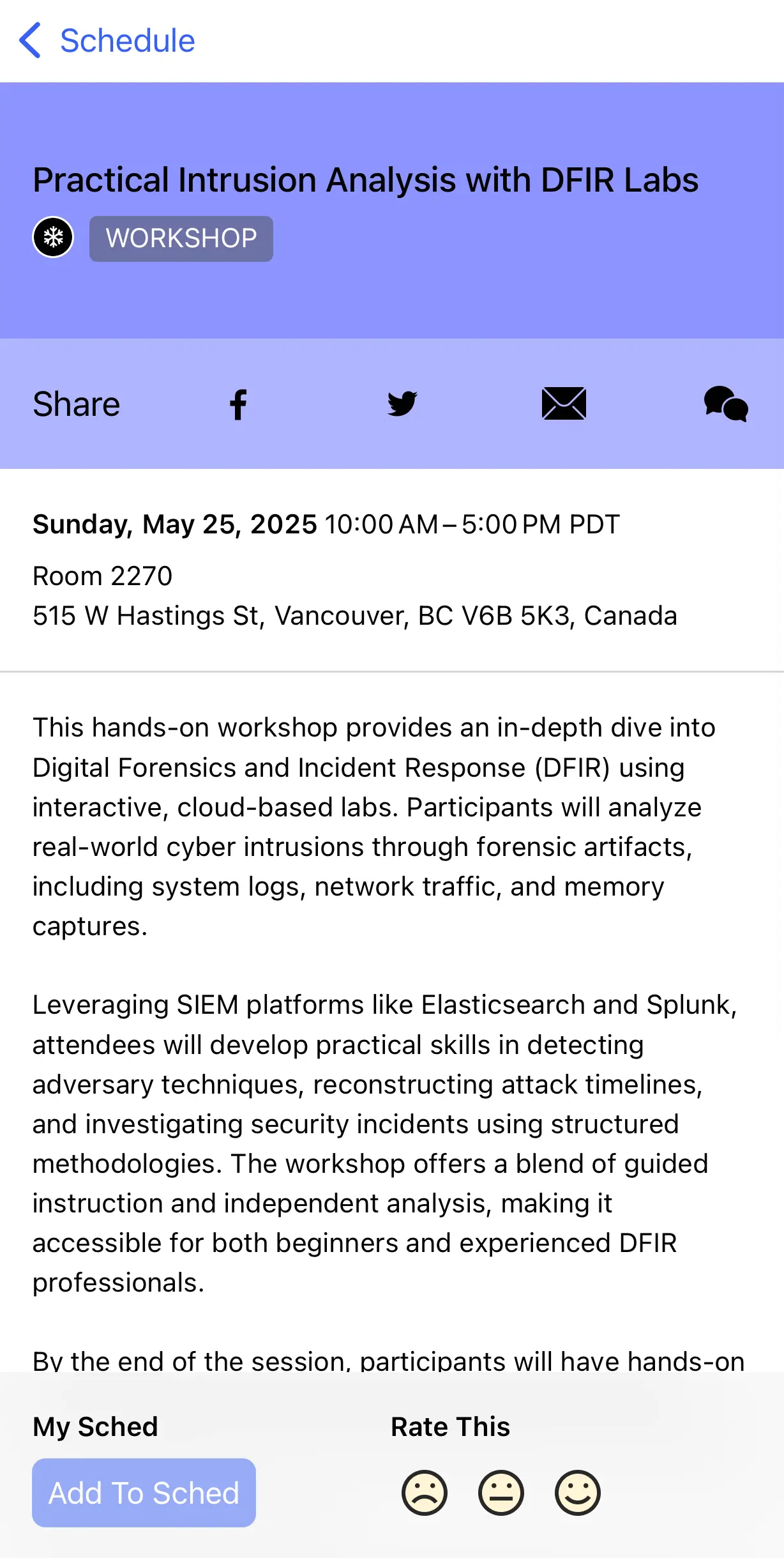 Schedule overview of the DFIR workshop at BSides Vancouver 2025