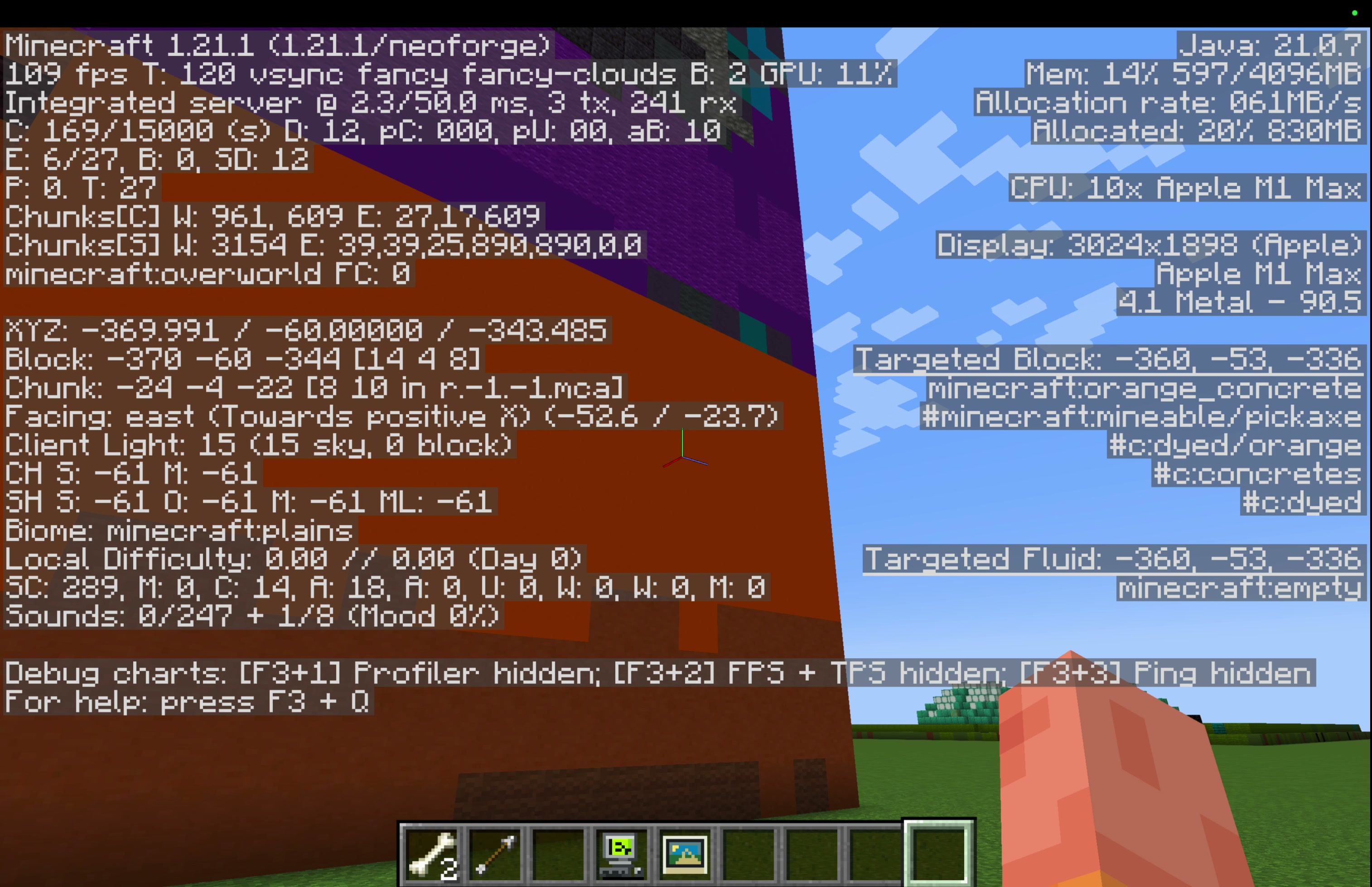 In-game F3 block check on the lava-colored band