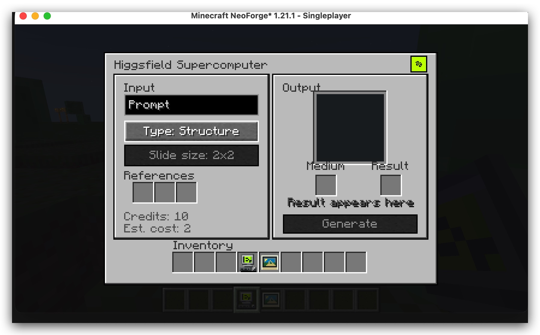 The Higgsfield Supercomputer panel in Minecraft