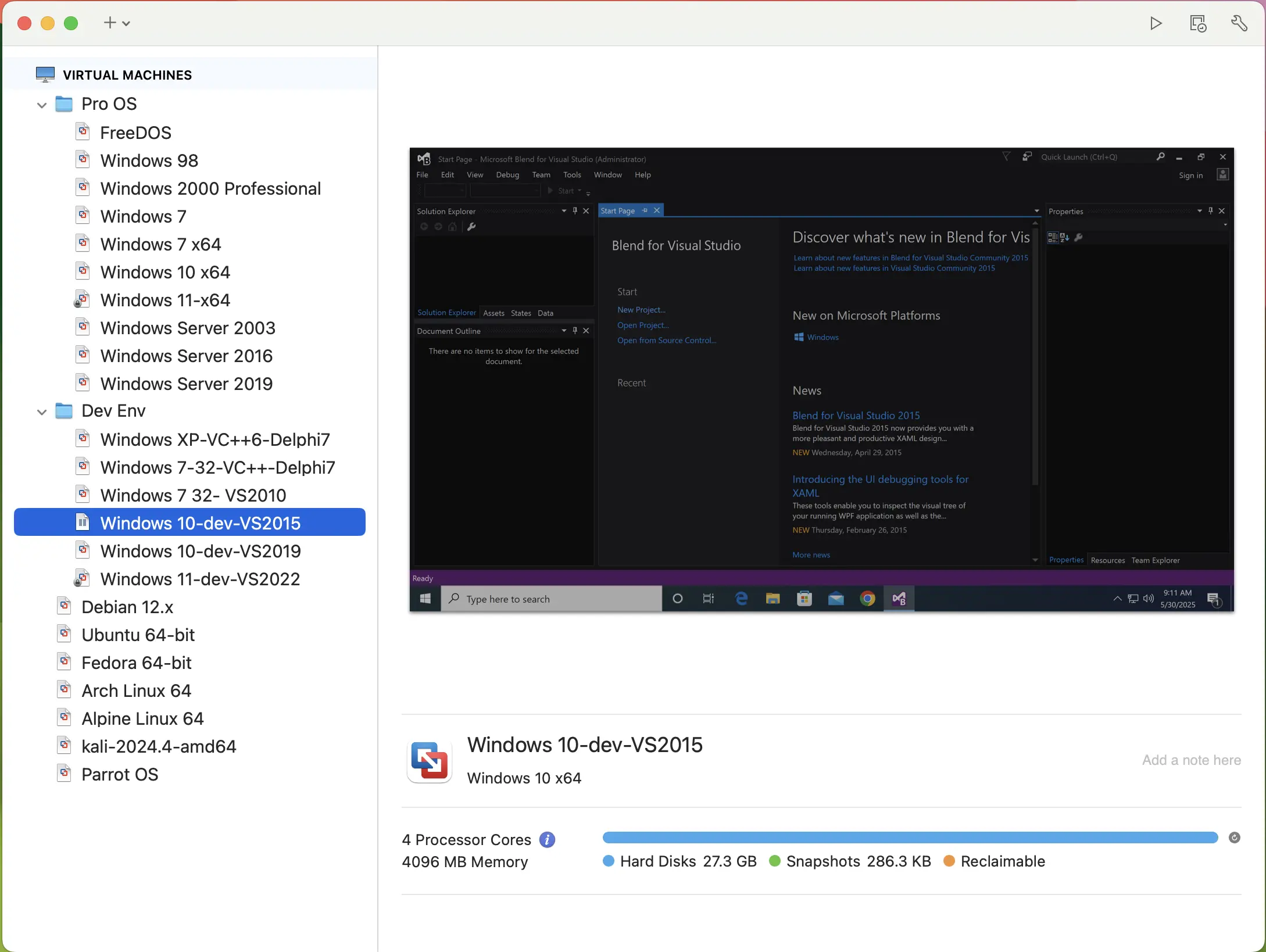 Screenshot showing an overview of the full virtualized lab environment, including multiple operating systems and developer toolchains used for compatibility testing and malware analysis.