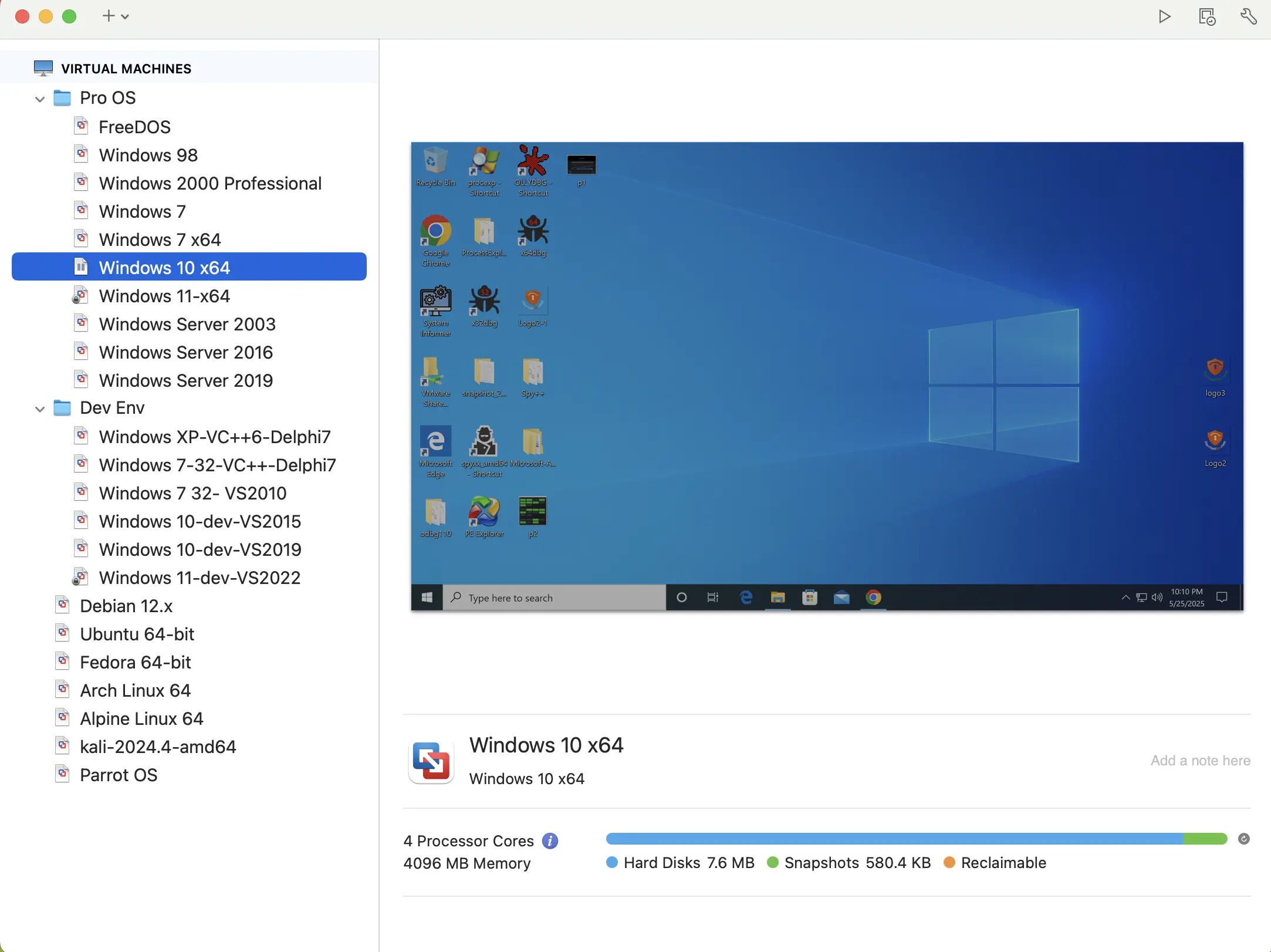 Screenshot showing legacy OS virtual machines including Windows 98, 2000, XP, and forensic tools on a Windows 10 x64 VM. This illustrates a legacy-supporting security lab used for malware analysis, reverse engineering, and exploit compatibility testing.