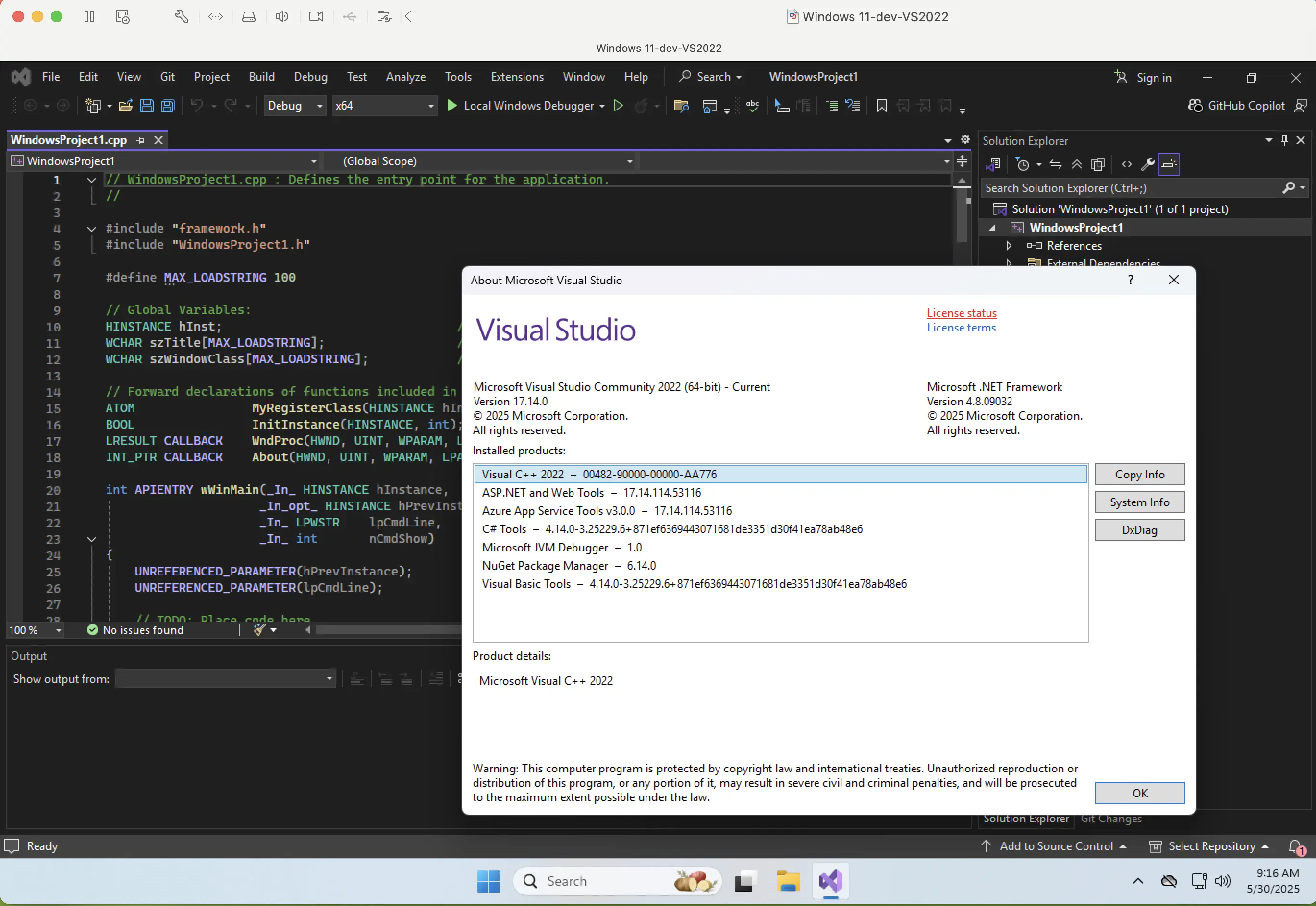 Windows 11 virtual machine running Visual Studio 2022, configured for modern .NET development and Windows API testing in a secure sandbox environment.