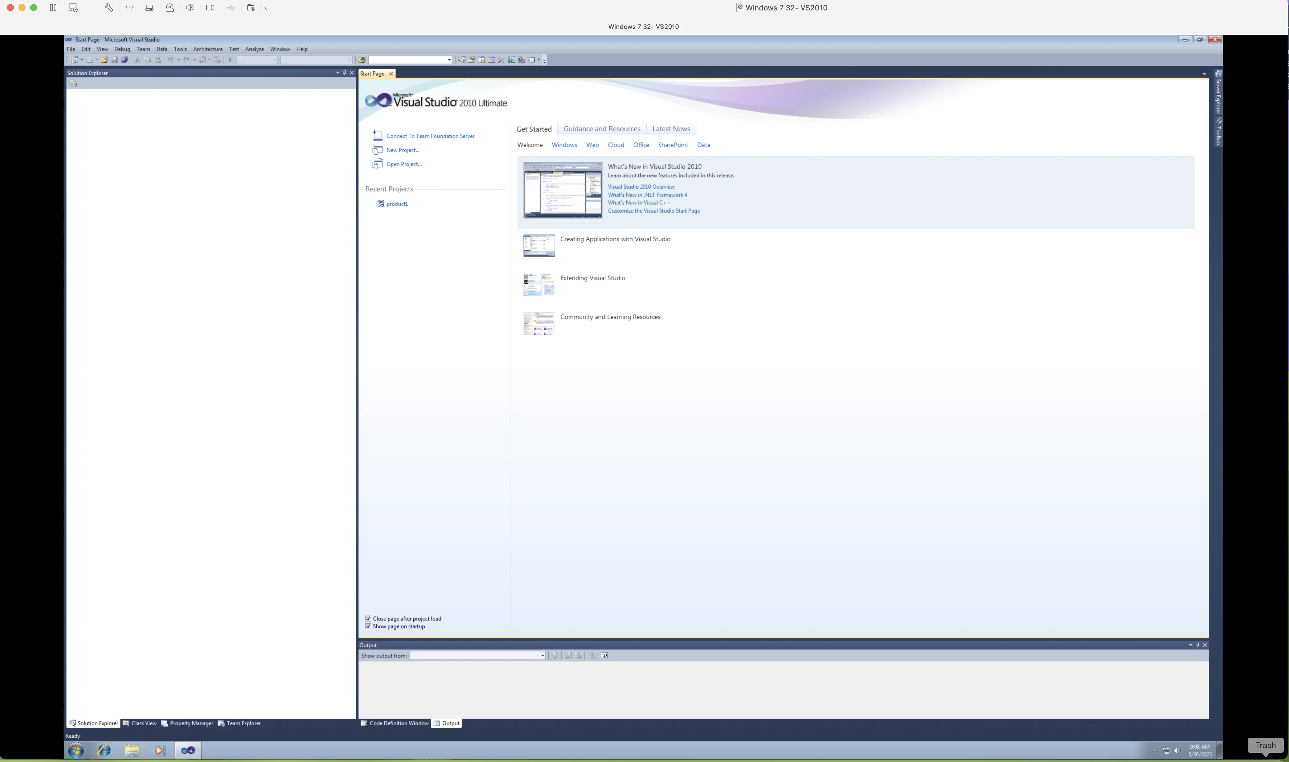 A 32-bit Windows 7 VM equipped with Visual Studio 2010, emulating early-2010s development stacks for reverse engineering and compatibility testing.