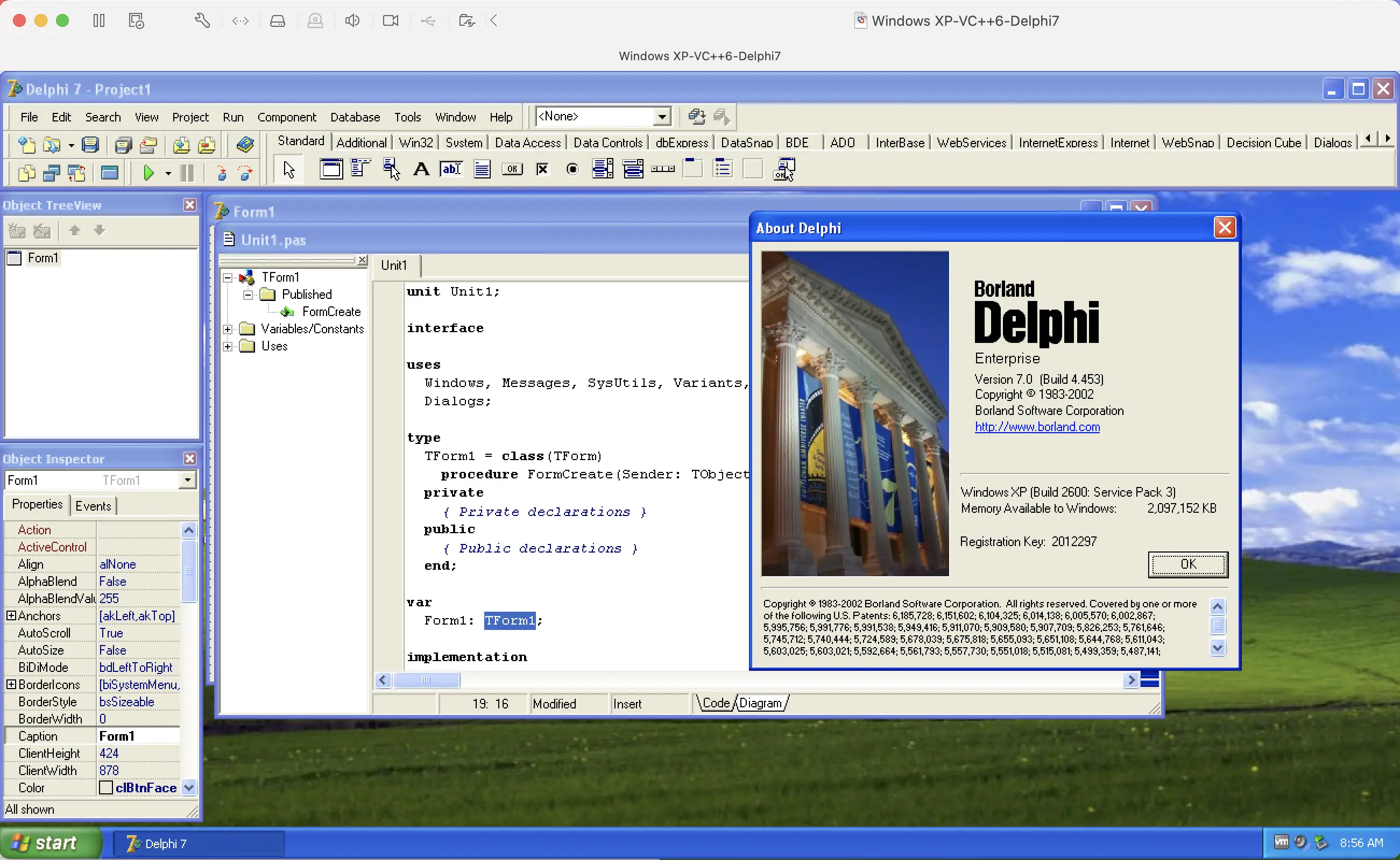 Classic Windows XP environment with Delphi 7 IDE installed, used to analyze legacy Pascal-based enterprise software and malware built with Delphi.