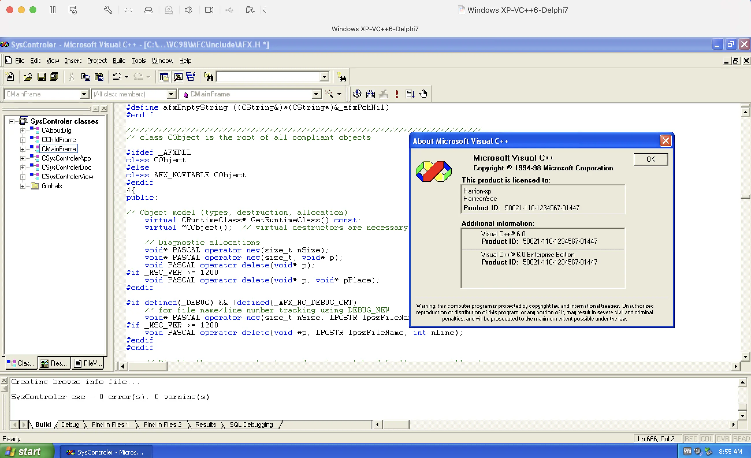 Windows XP virtual machine running Microsoft Visual C++ 6.0, replicating late 90s/early 2000s software development environments for compatibility testing and exploit reproduction.